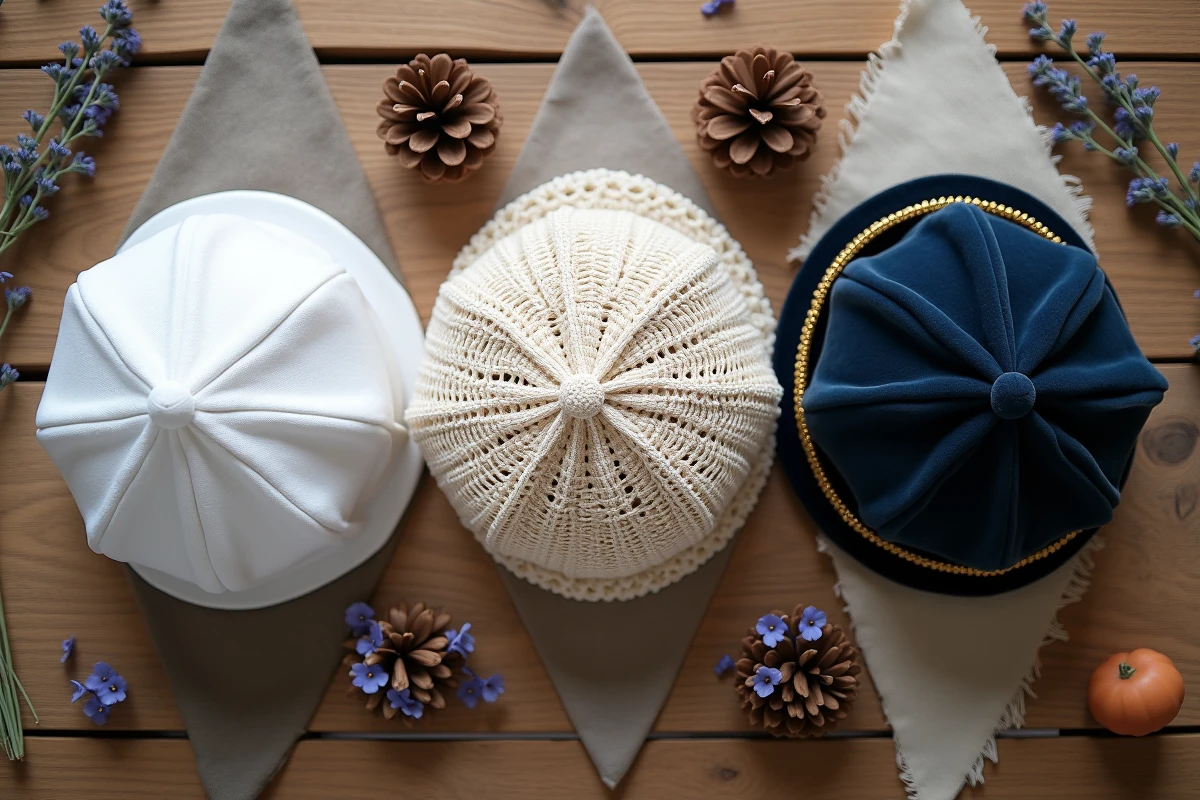 Vue à plat de trois chapeaux musulmans différents selon la saison : kufi coton blanc, kufi crocheté et taqiyah en velours marine, pour illustrer le choix selon la matière et la période de l'année