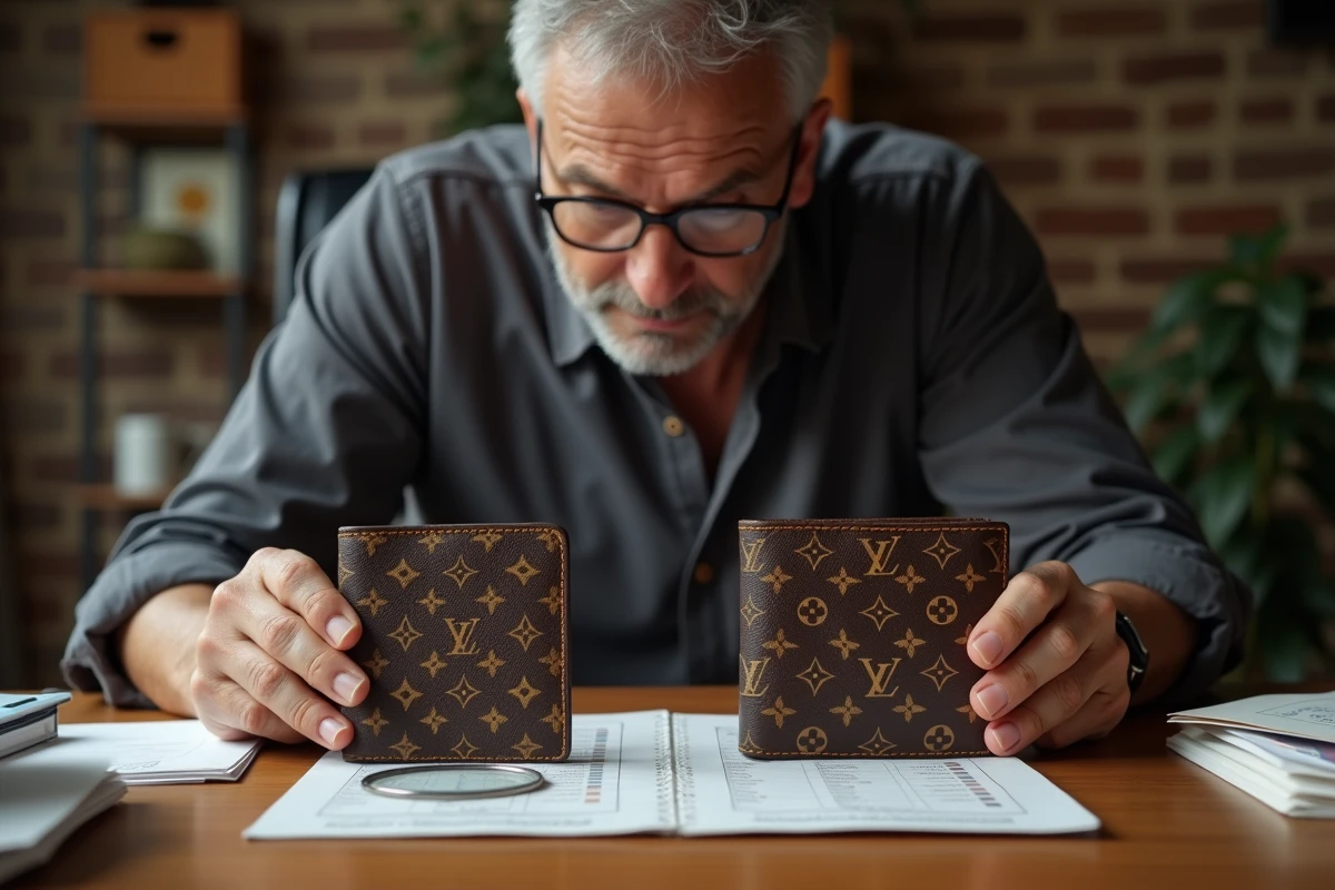 Homme comparant deux portefeuilles monogramme pour identifier un faux Vuitton à l'aide d'une loupe et d'une check-list