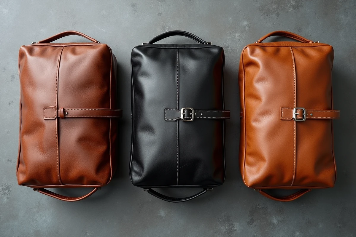 Comparaison de trois sacs sport en cuir de qualités différentes : pleine fleur, croûte et cuir reconstitué