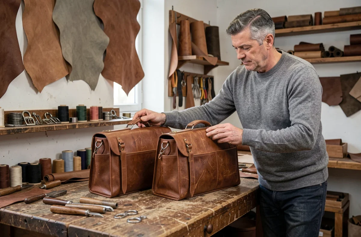 Artisan comparant deux sacs en cuir sur un établi pour évaluer la qualité des finitions et des ferrures