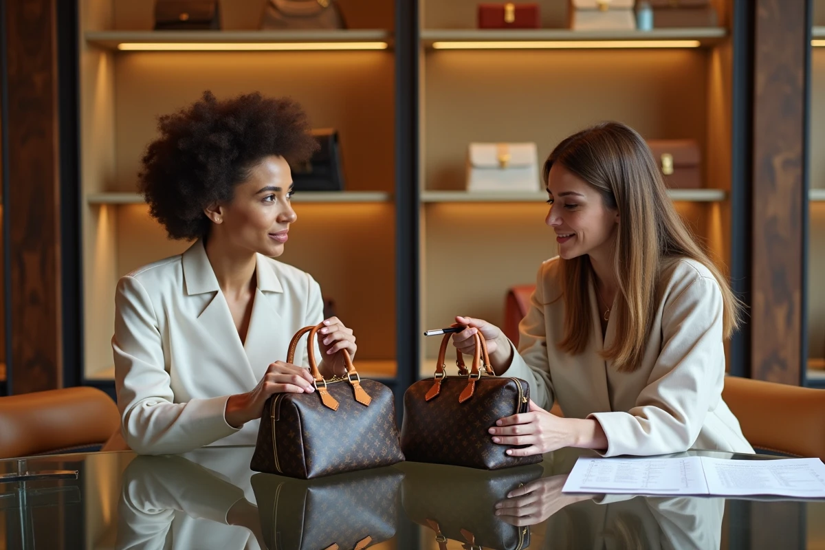Deux femmes comparant des sacs Louis Vuitton dans une boutique de revente luxueuse pour analyser les numéros de série