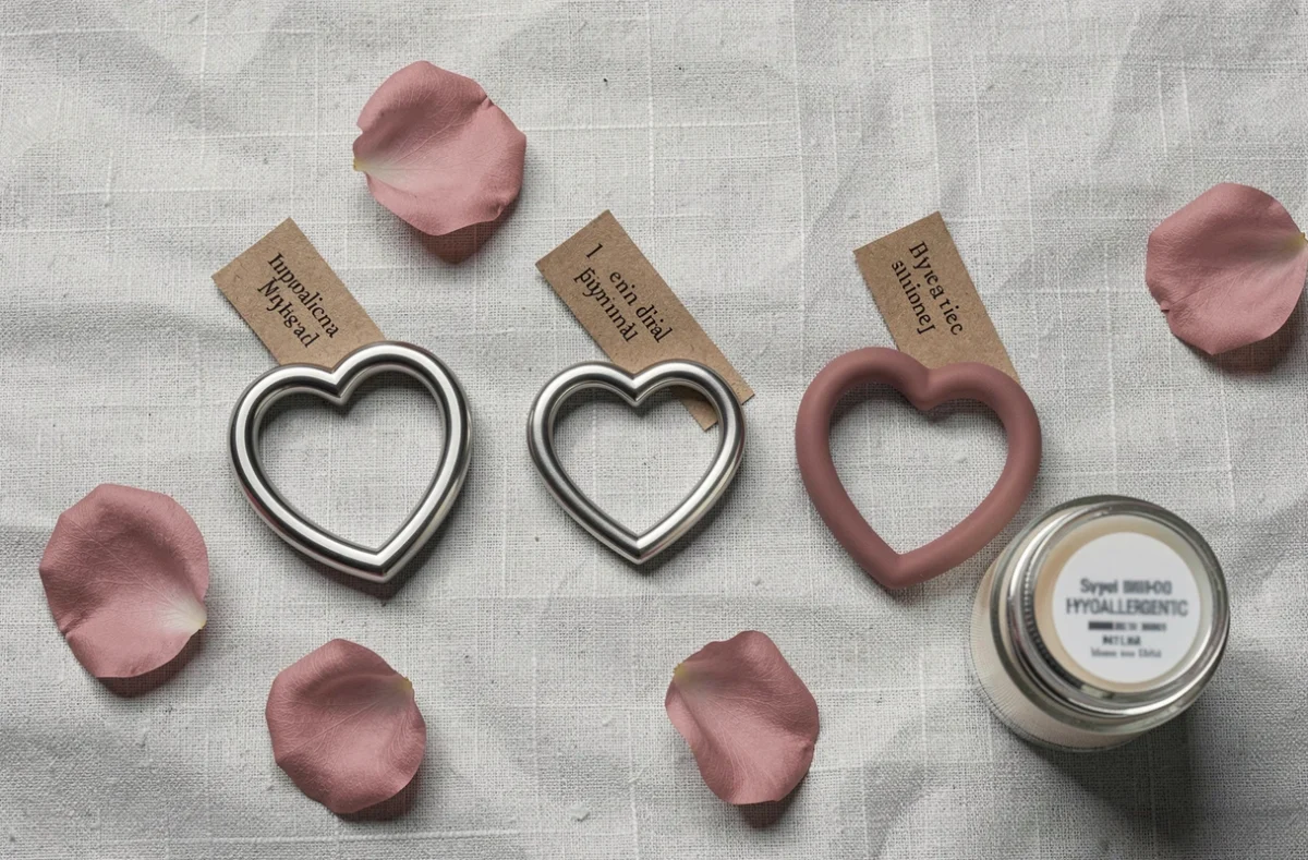 Comparatif de bagues cœur magnétiques en acier chirurgical, titane et silicone pour peaux sensibles sur fond lin gris