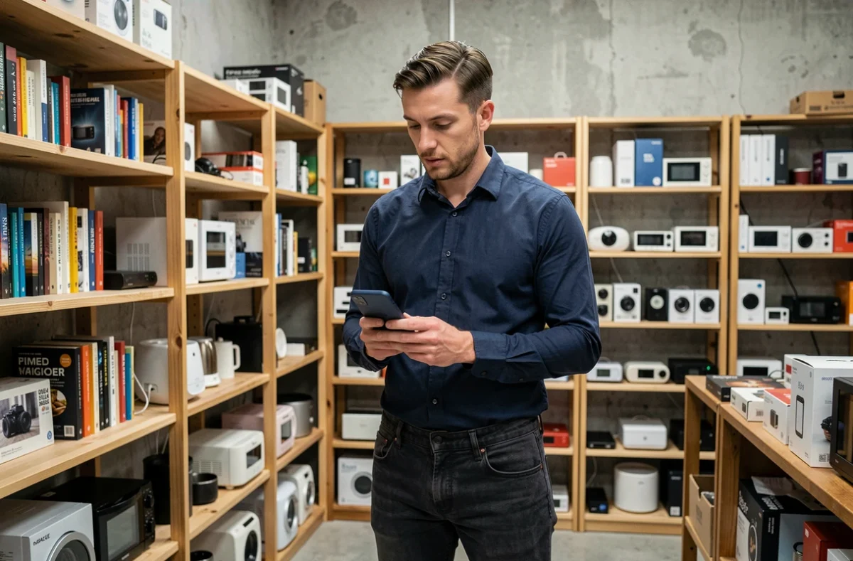 Homme comparant des offres de seconde main sur son téléphone dans une boutique vintage