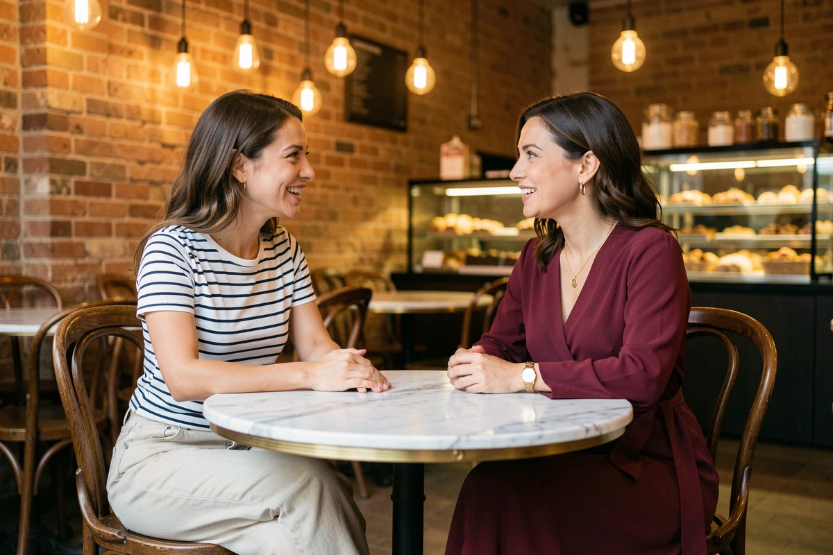 Deux femmes au café comparant style casual et tenue élégante, contraste vestimentaire au quotidien