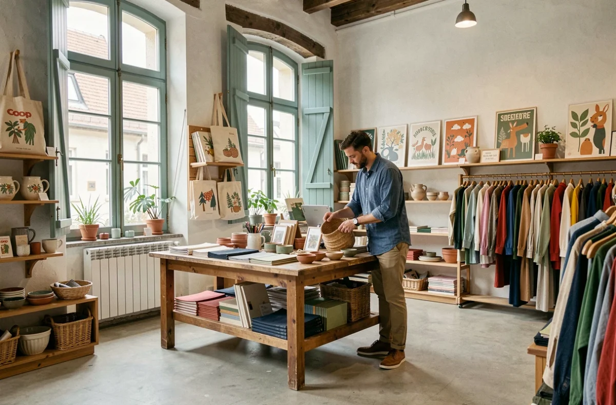 Intérieur du Coop Store à Colmar avec produits locaux, céramiques, affiches sérigraphiées et vêtements durables dans un bâtiment alsacien