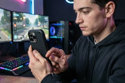 Jeune gamer tenant un iPhone 14 Plus avec une coque gaming texturée noire, en pleine session de jeu mobile devant son setup gaming