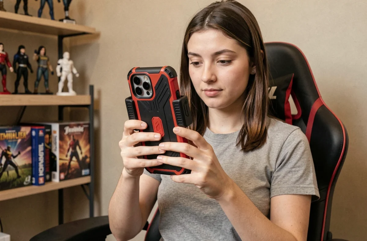 Jeune femme gameuse assise dans un fauteuil gaming tenant un iPhone 14 Plus avec coque gaming rouge et noir et gâchettes amovibles