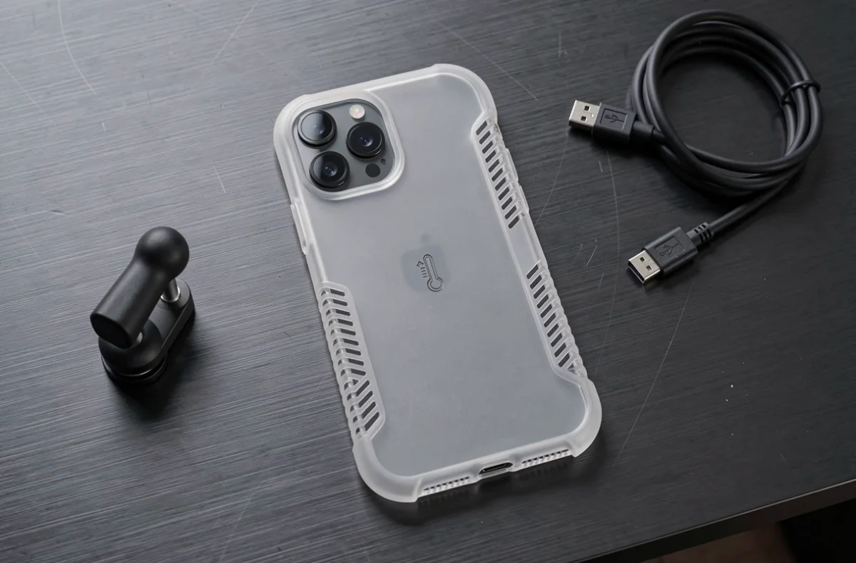 Vue aérienne d'un iPhone 14 Plus avec coque gaming transparente et ailettes de refroidissement posé sur un bureau gaming minimaliste