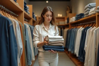 Femme comparant des étiquettes de taille sur deux vêtements dans une boutique moderne, illustrant les correspondances de tailles entre l'Australie et la France