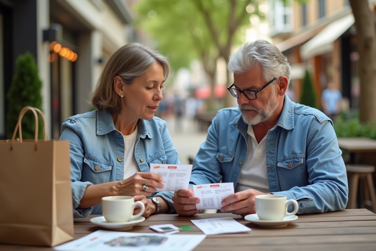 Couple discutant avec reçus dans un café en shopping