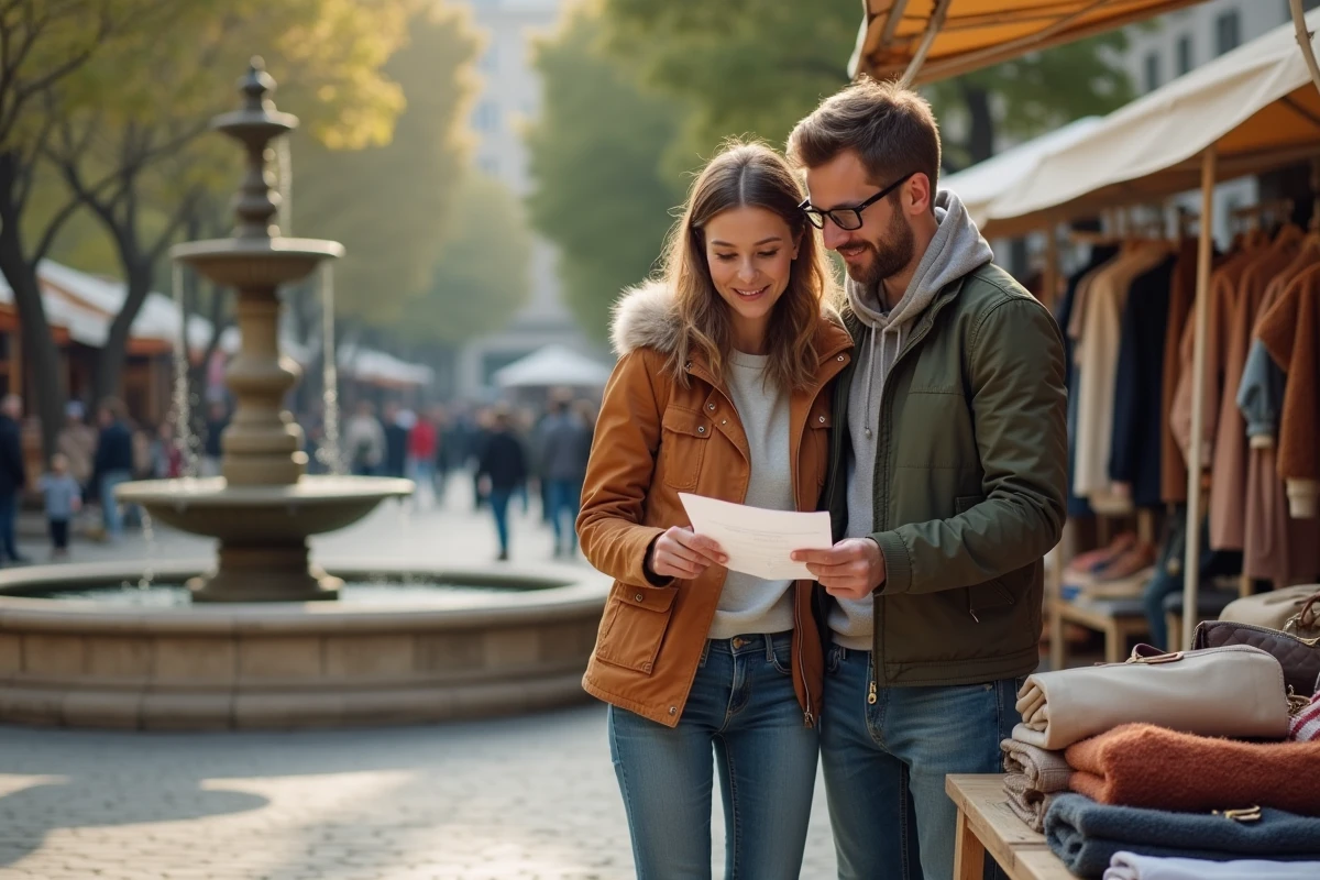 Couple satisfait consultant un reçu d'achat après une transaction à la braderie