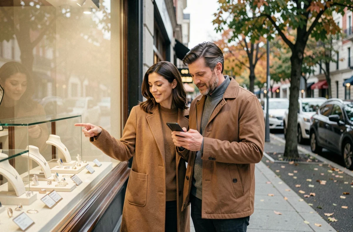 Couple comparant les prix sur smartphone devant la vitrine d'une bijouterie avant d'entrer