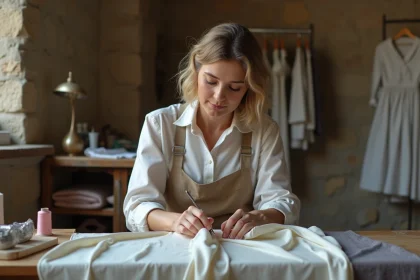 Couturiere femme cousant une robe élégante dans un atelier niçois