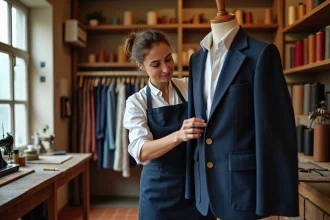 Couturière professionnelle épinglant l'ourlet d'un blazer sur un mannequin dans une boutique de retouches à Toulouse