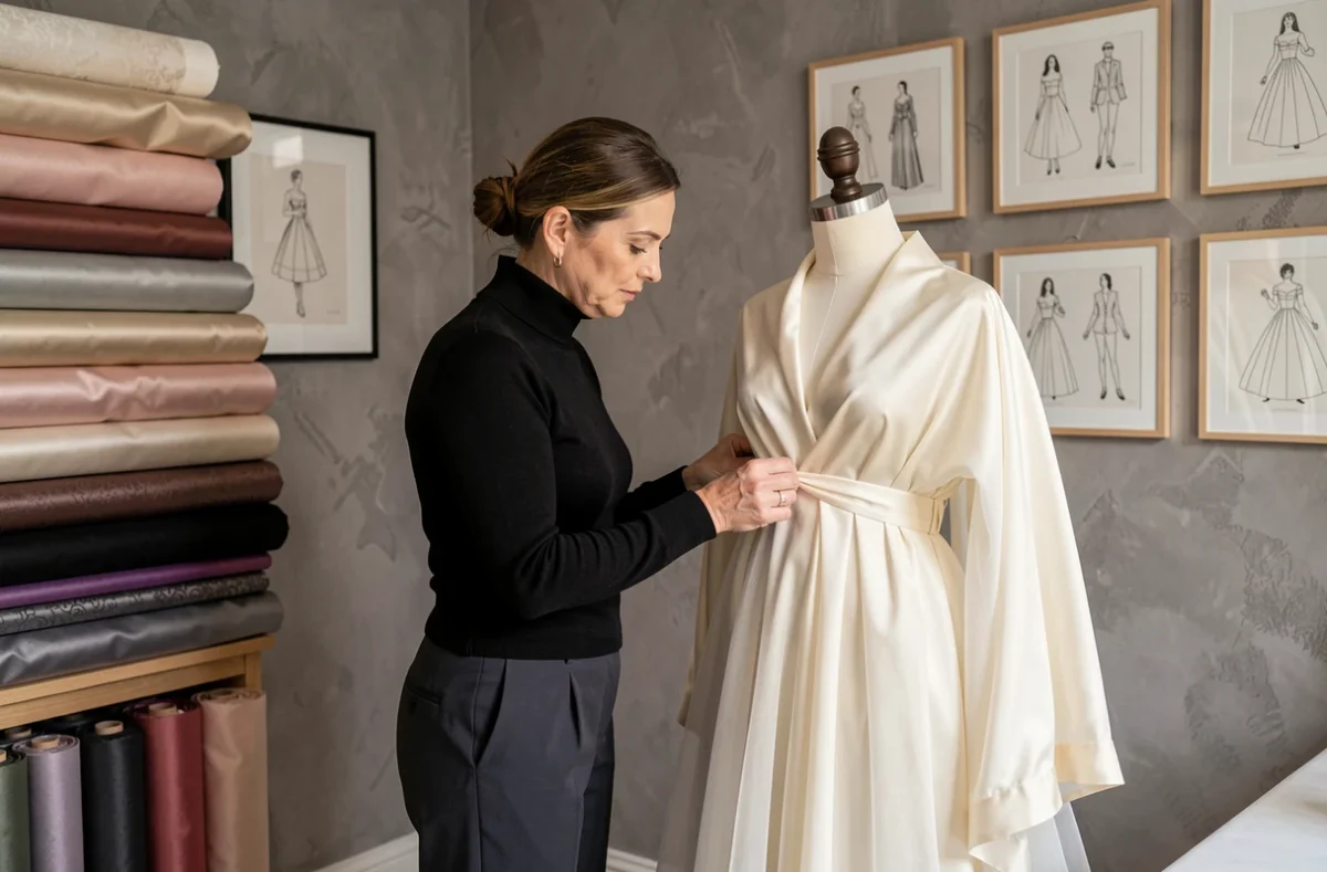 Atelier de couture de Créanne Maison de Couture à Nancy avec couturière épinglant un ourlet en soie sur un mannequin, croquis de mode encadrés et tissus précieux