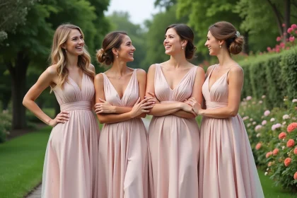 Groupe de demoiselles d'honneur dans un jardin coloré