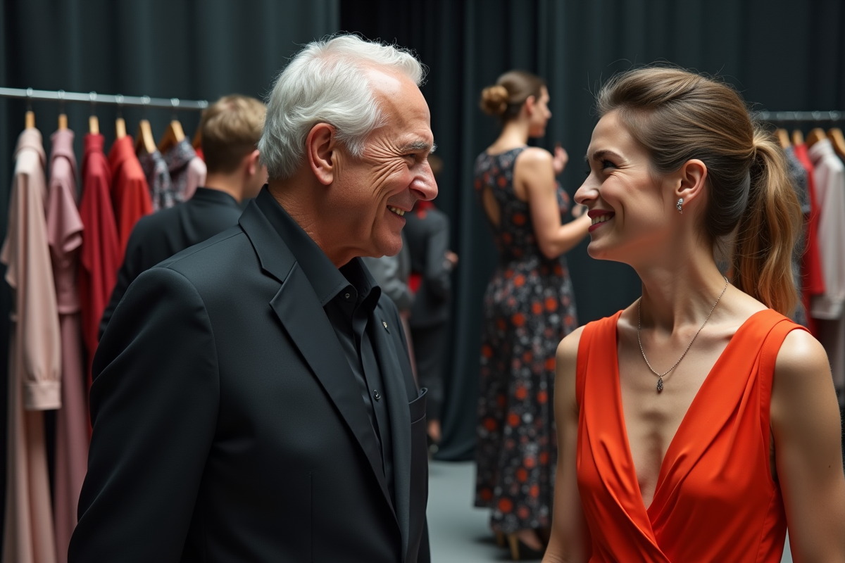 Designer mode en backstage avec modèle en robe moderne