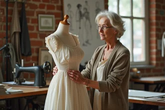 Designer femme ajustant une robe vintage dans son atelier lumineux