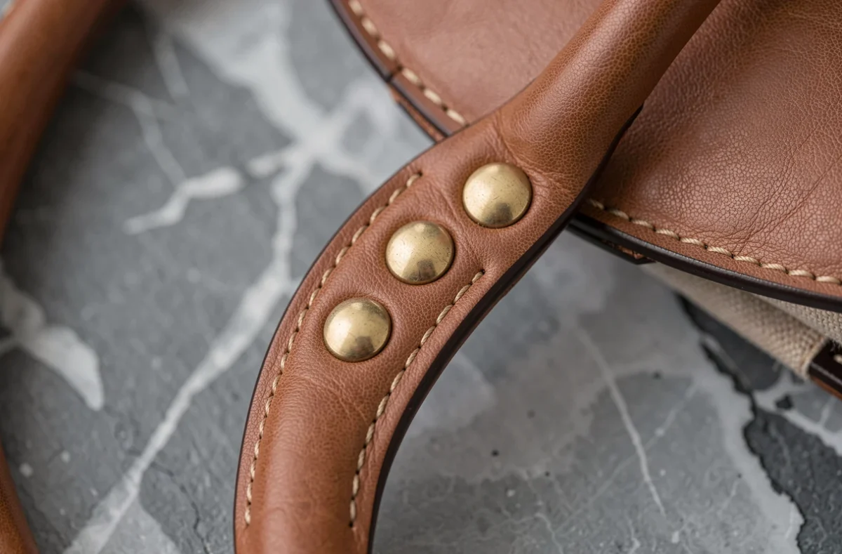 Gros plan sur les coutures et rivets d'un sac de luxe révélant les détails de fabrication artisanale de qualité