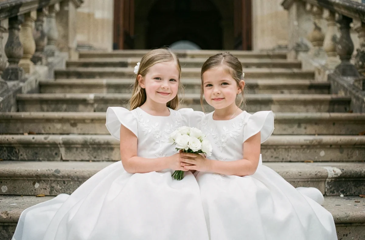 Deux fillettes en robes blanches de cérémonie assorties sur les marches d'un château pour un mariage