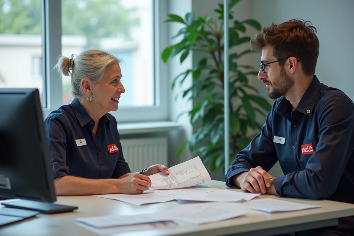 Discussion entre représentant syndical et agent La Poste sur les droits à l'habillement en bureau RH