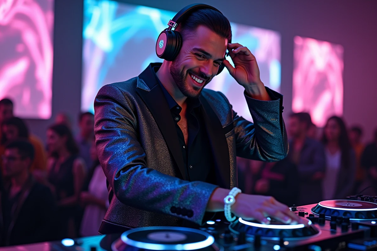DJ homme ajustant ses écouteurs dans un club moderne
