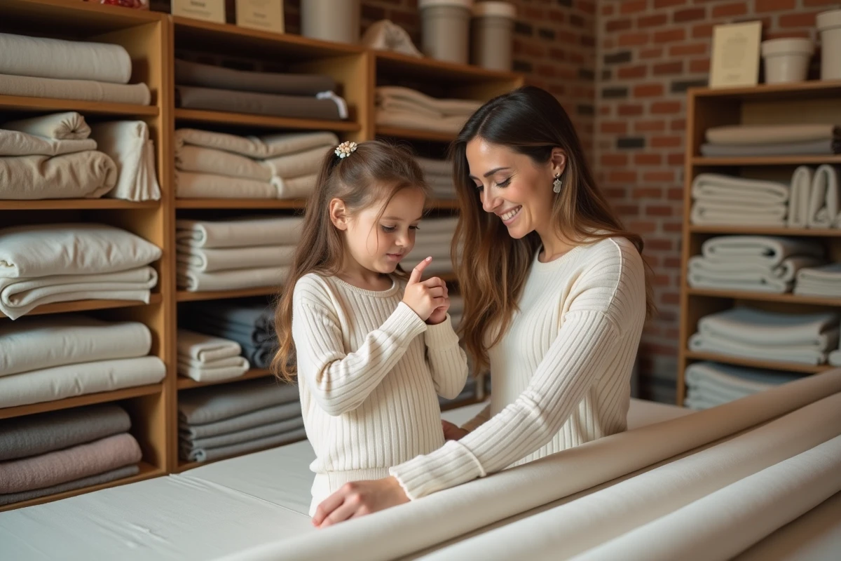 Mère et fille en tenues coordonnées crème testant des matières douces dans une mercerie artisanale
