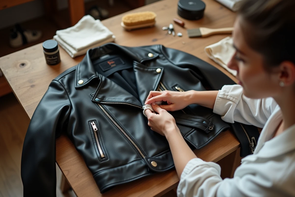 Femme appliquant un produit d'entretien sur un blouson en cuir noir posé sur un établi en bois