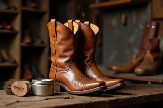 Entretien de bottes cowboy en cuir marron sur un établi en bois avec cirage et brosse