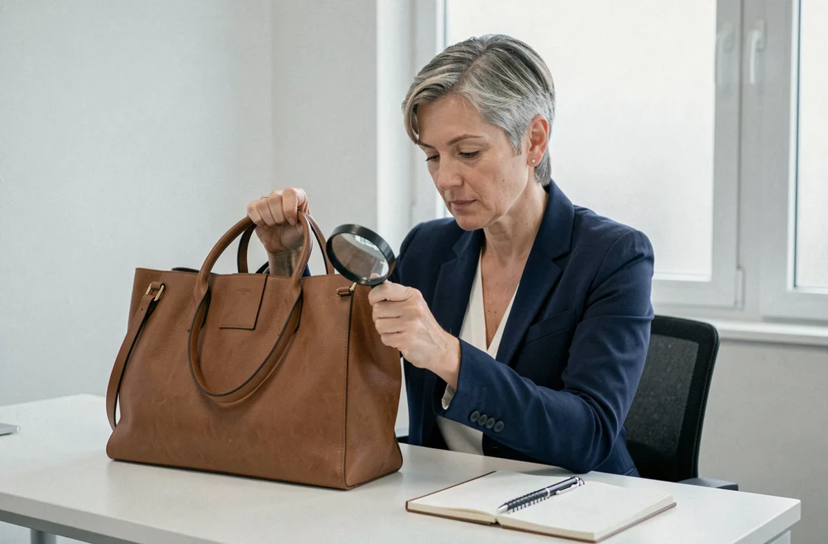 Experte en maroquinerie analysant la qualité du cuir d'un sac avec une loupe dans un bureau professionnel