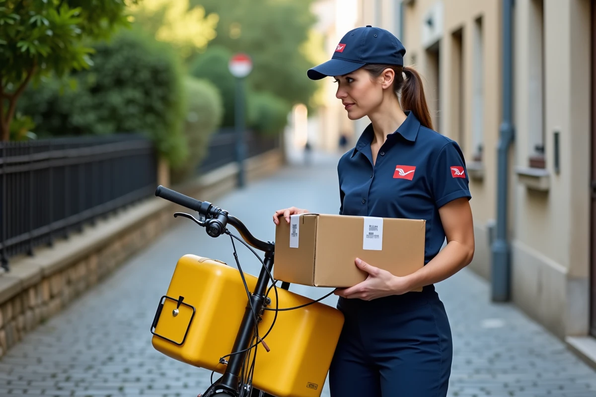 Factrice La Poste en tenue de livraison réglementaire avec vélo jaune en zone résidentielle