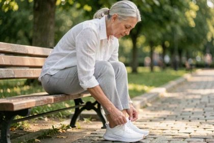 Femme de 55 ans qui lace des baskets confortables et stylées sur un banc de parc urbain