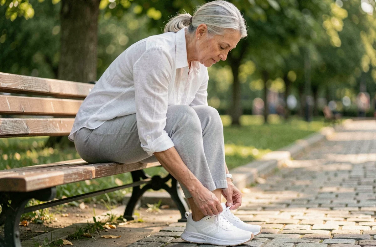 Femme de 55 ans qui lace des baskets confortables et stylées sur un banc de parc urbain
