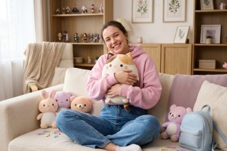 Jeune femme adulte souriante entourée d'accessoires et peluches kawaï pastel dans un appartement cosy