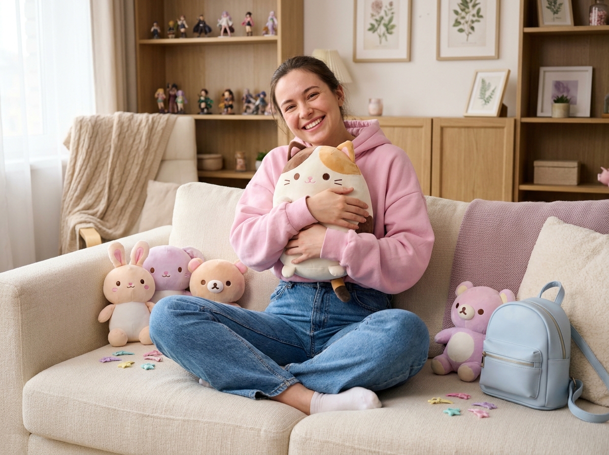 Jeune femme adulte souriante entourée d'accessoires et peluches kawaï pastel dans un appartement cosy