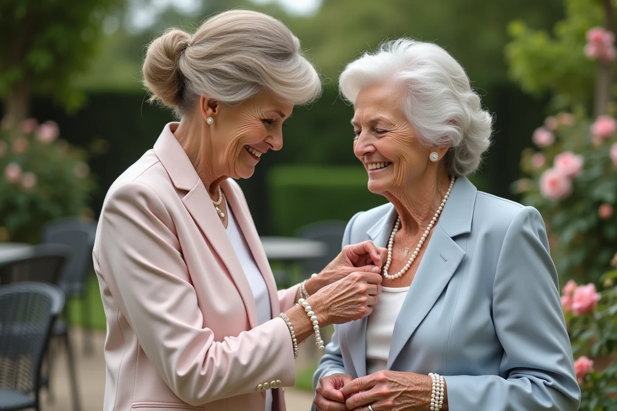 Femme &acirc;g&eacute;e ajustant un collier de perles dans un jardin