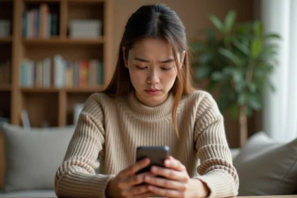 Jeune femme consultant son t&eacute;l&eacute;phone pour annuler une commande Shein en retard depuis son appartement