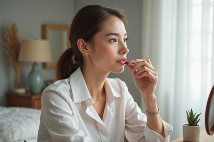 Femme appliquant du rouge &agrave; l&egrave;vres dans sa chambre lumineuse