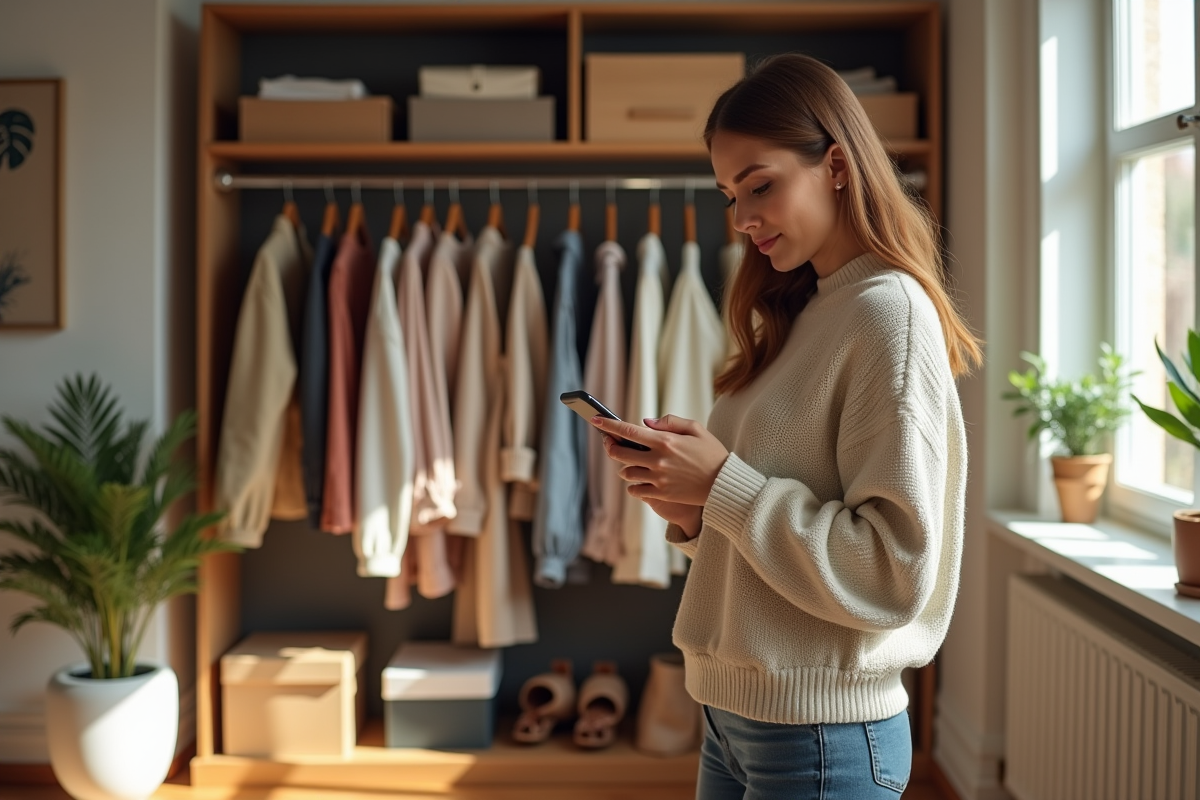 Femme regardant ses vêtements tendance dans sa chambre organisée