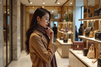 Femme élégante dans une boutique de luxe admire sacs à main