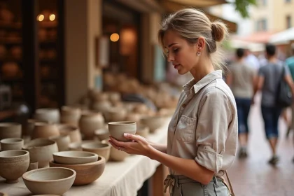 Femme examinant un bol artisanal sur un stand de braderie avec une expression attentive