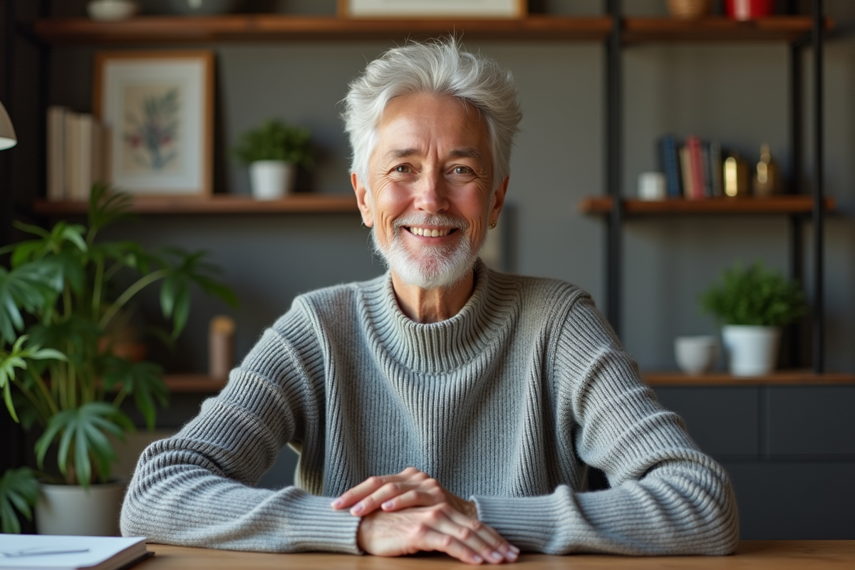 Femme confiante en bureau moderne avec pulls en laine