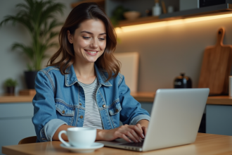 Femme souriante utilisant un ordinateur dans une cuisine moderne