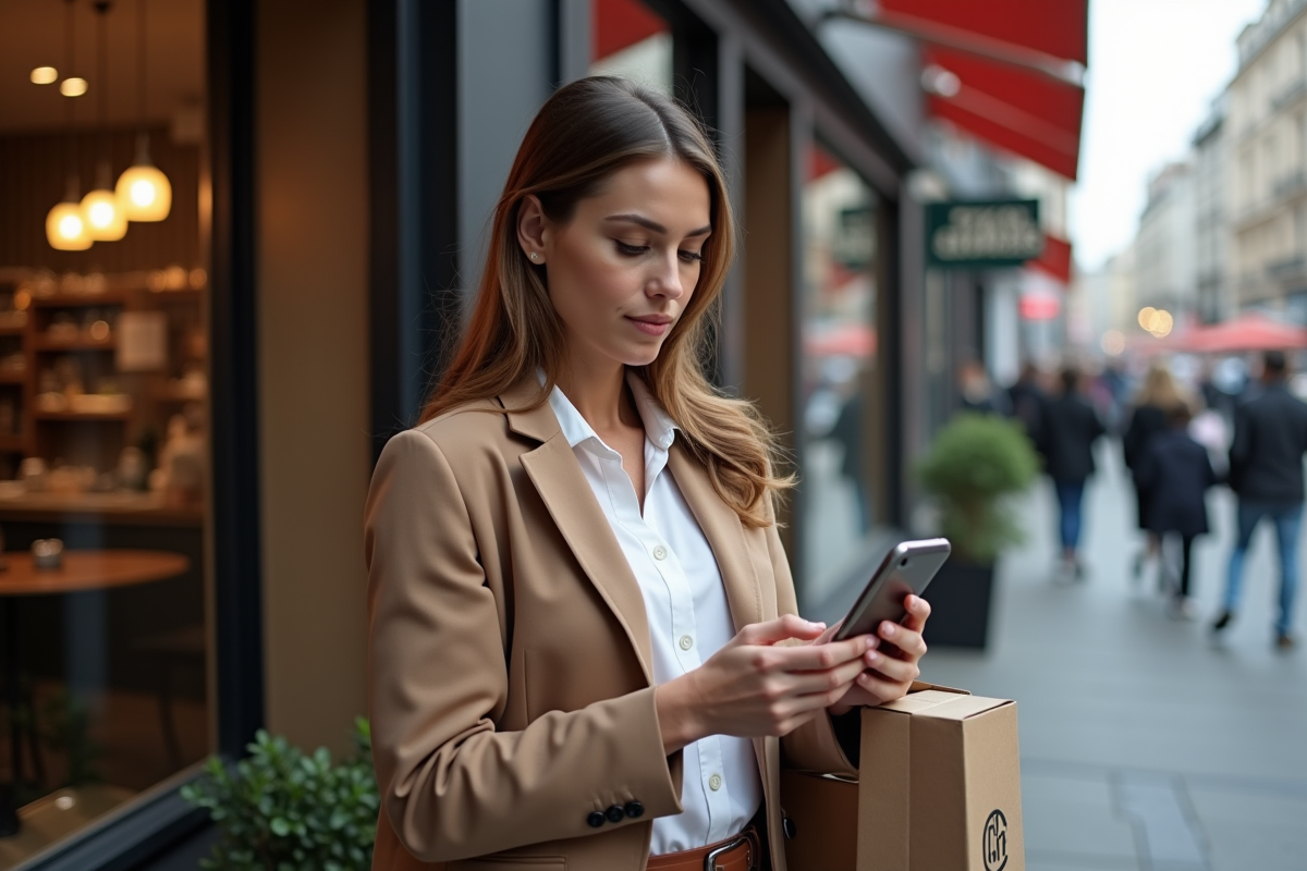 Femme vérifiant sa commande sur smartphone devant un café
