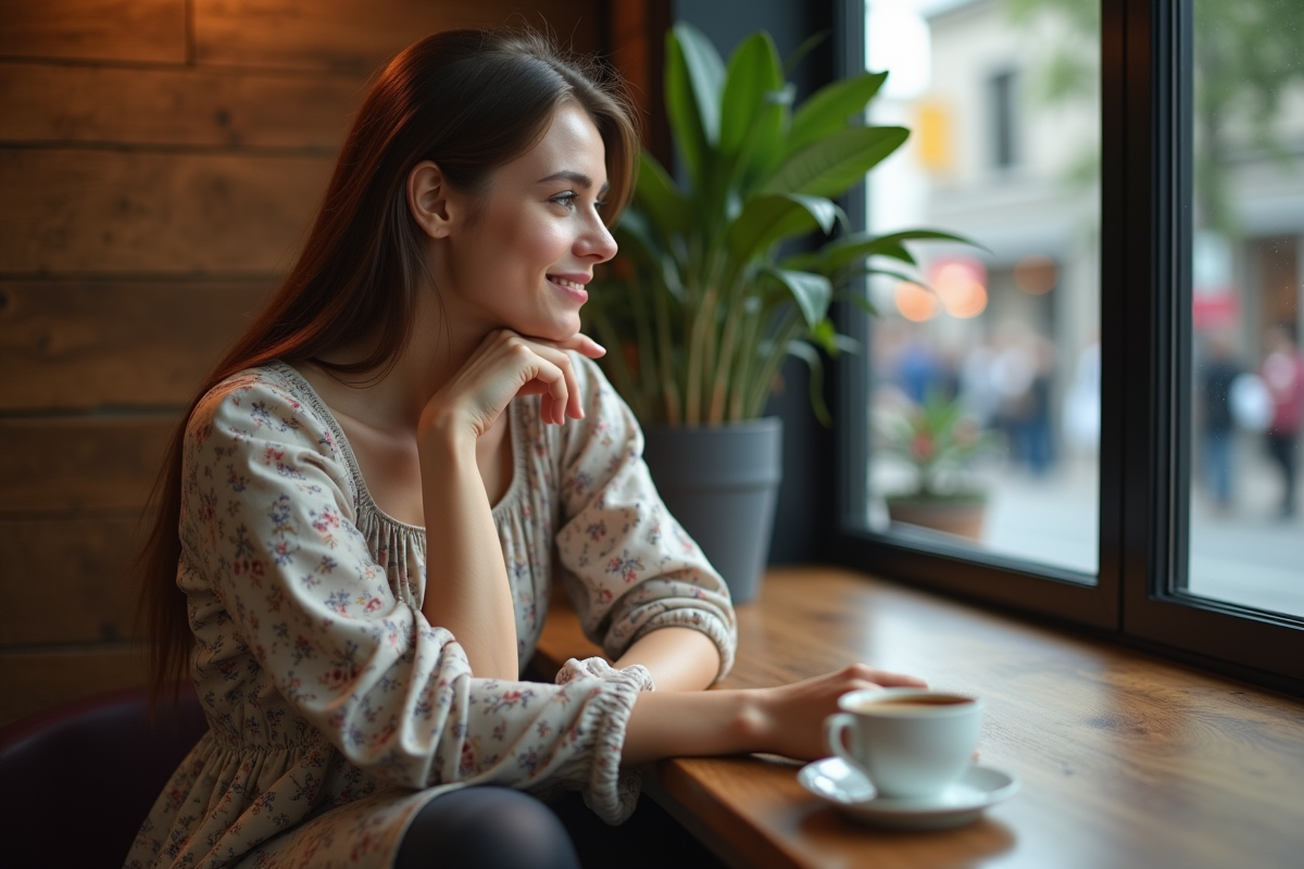 Jeune femme au café avec robe à fleurs et collants gris