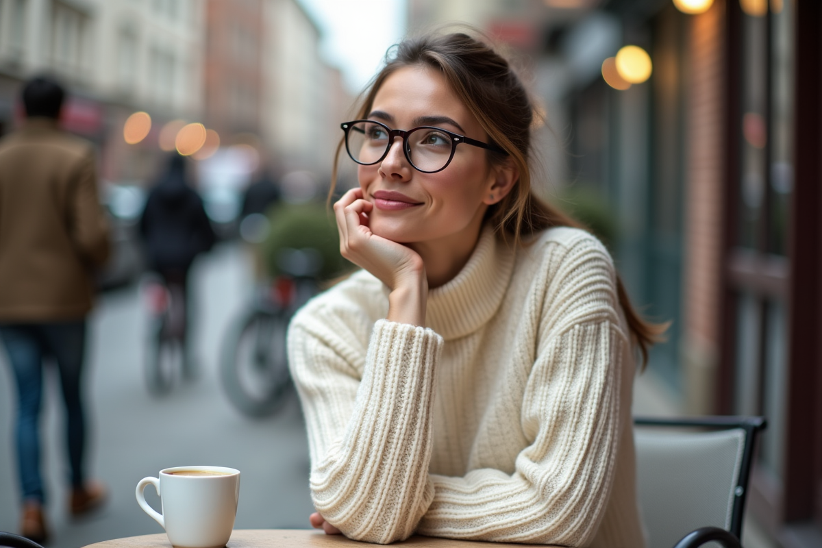 Jeune femme au café tenant une tasse avec son ongle long en focus