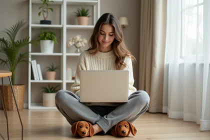 Femme en télétravail portant des chaussons teckel sur un parquet en bois dans un bureau à domicile moderne et chaleureux