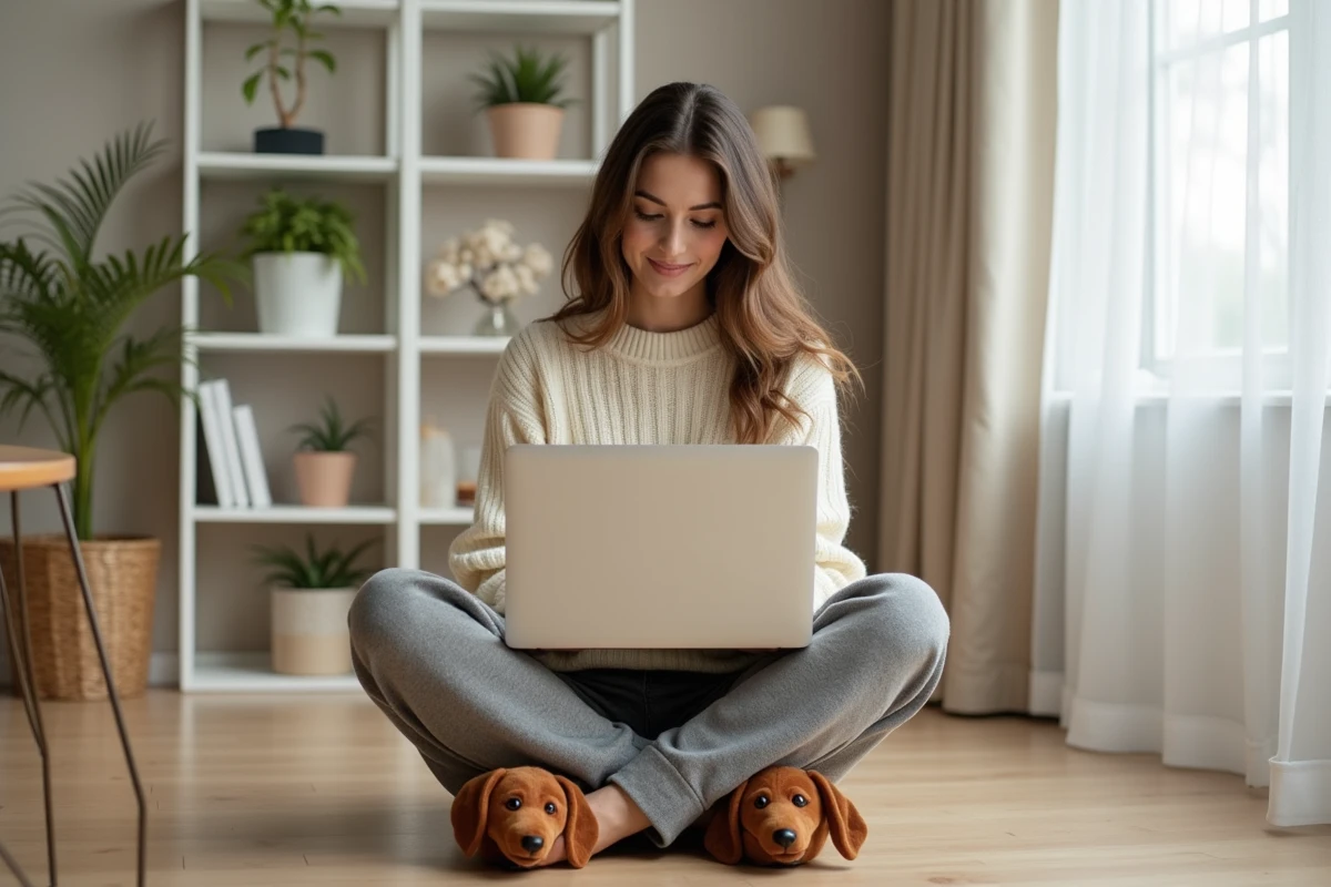 Femme en télétravail portant des chaussons teckel sur un parquet en bois dans un bureau à domicile moderne et chaleureux