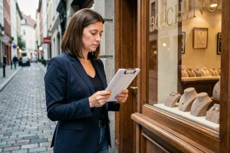 Femme consultant une liste de vérification devant la vitrine d'un bijoutier avant d'entrer en boutique