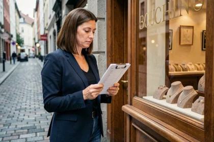 Femme consultant une liste de vérification devant la vitrine d'un bijoutier avant d'entrer en boutique